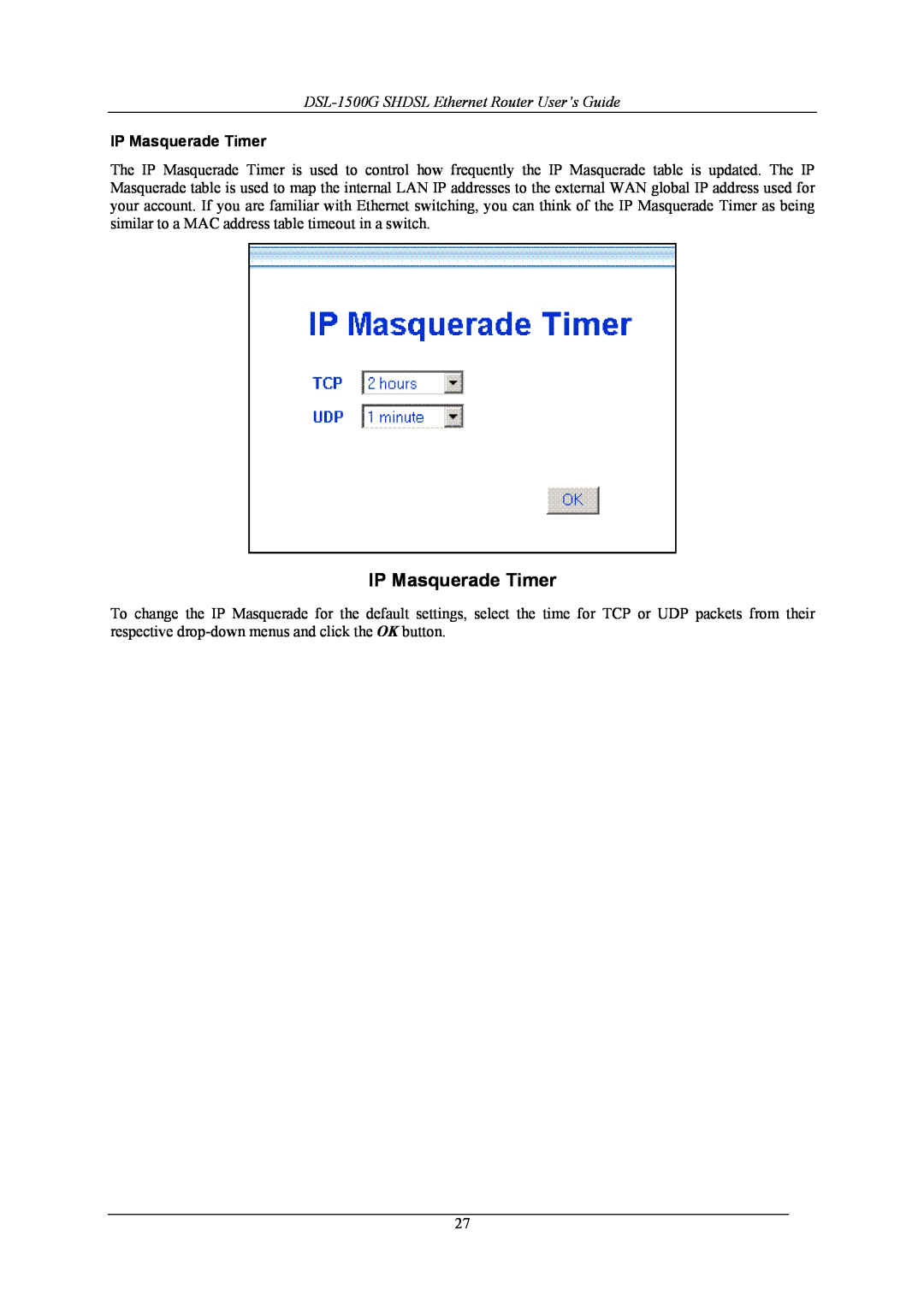D-Link manual IP Masquerade Timer, DSL-1500G SHDSL Ethernet Router User’s Guide 