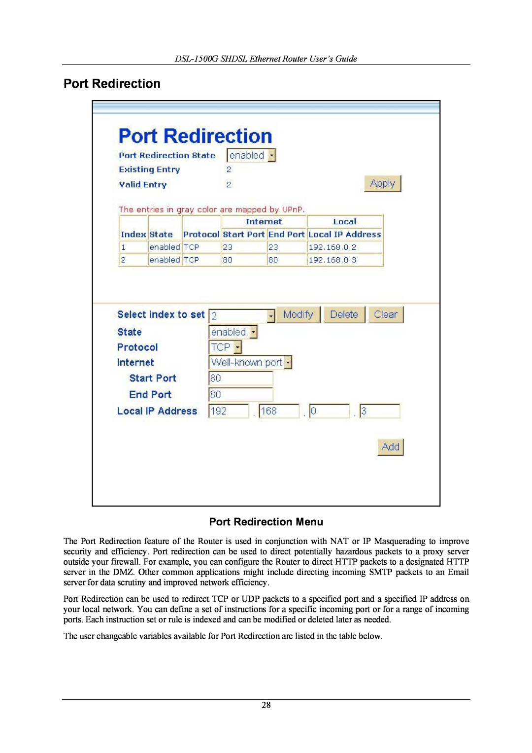 D-Link manual Port Redirection Menu, DSL-1500G SHDSL Ethernet Router User’s Guide 