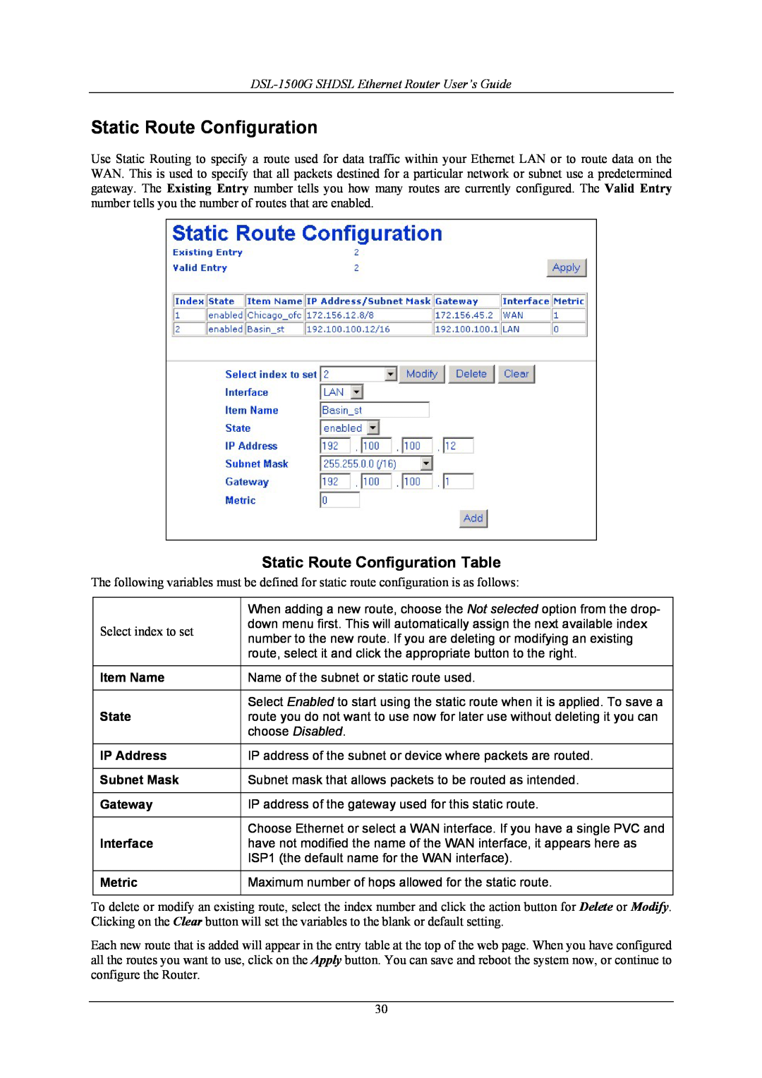 D-Link manual Static Route Configuration Table, DSL-1500G SHDSL Ethernet Router User’s Guide 