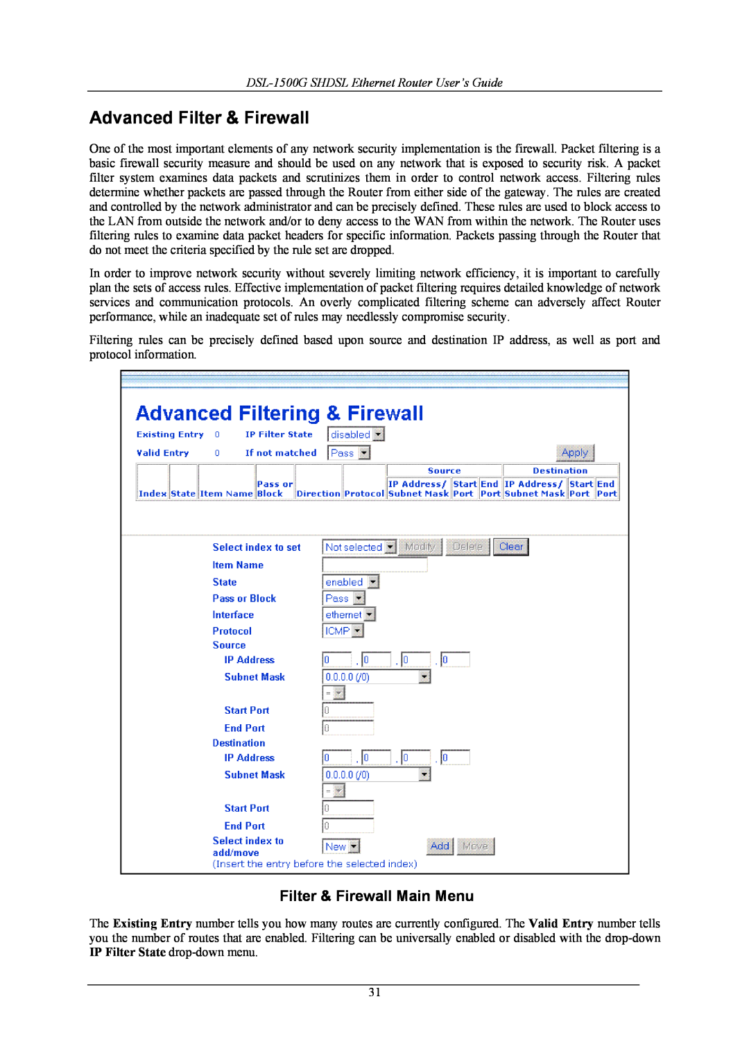 D-Link manual Advanced Filter & Firewall, Filter & Firewall Main Menu, DSL-1500G SHDSL Ethernet Router User’s Guide 
