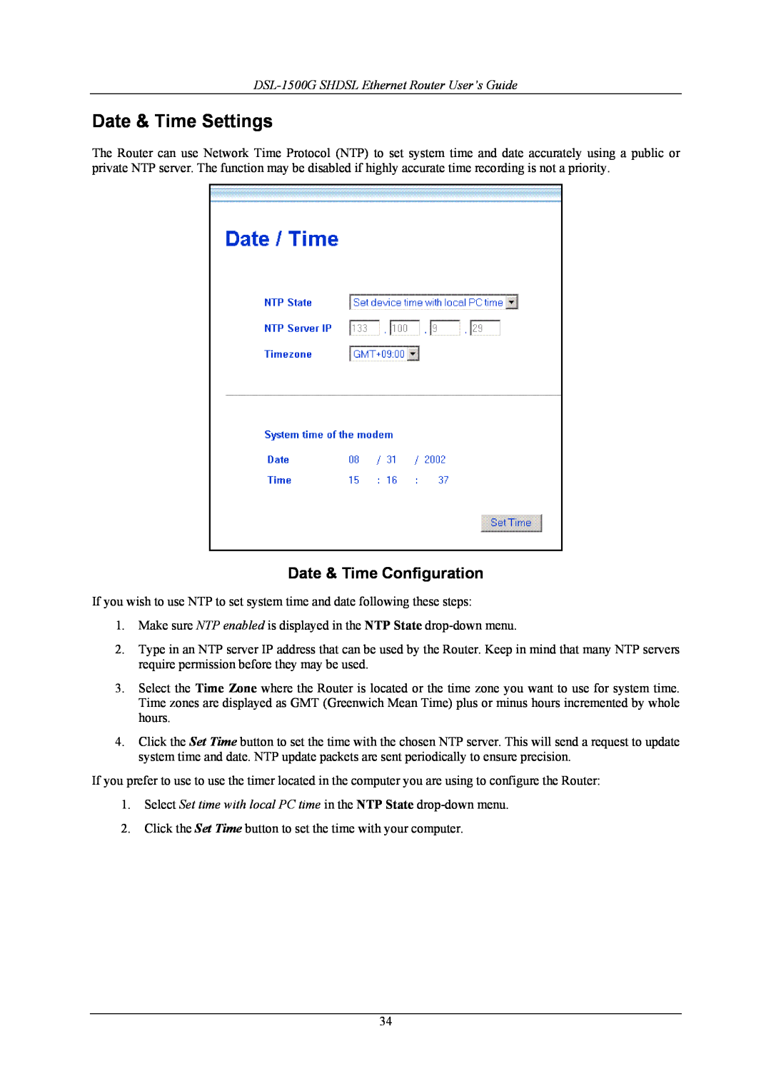 D-Link manual Date & Time Settings, Date & Time Configuration, DSL-1500G SHDSL Ethernet Router User’s Guide 