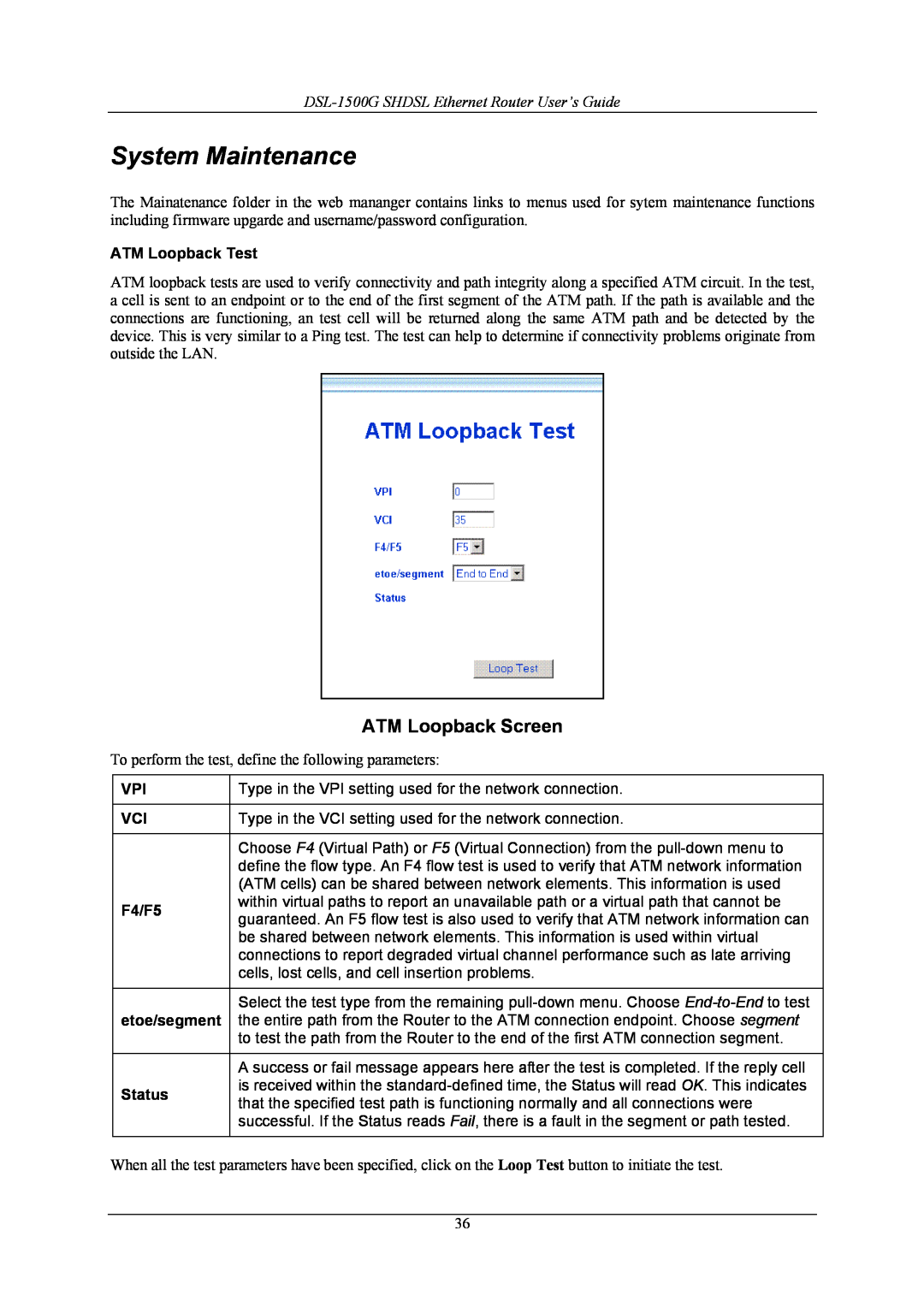 D-Link manual System Maintenance, ATM Loopback Screen, DSL-1500G SHDSL Ethernet Router User’s Guide 