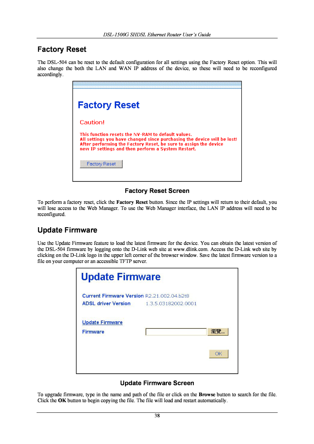 D-Link manual Factory Reset Screen, Update Firmware Screen, DSL-1500G SHDSL Ethernet Router User’s Guide 