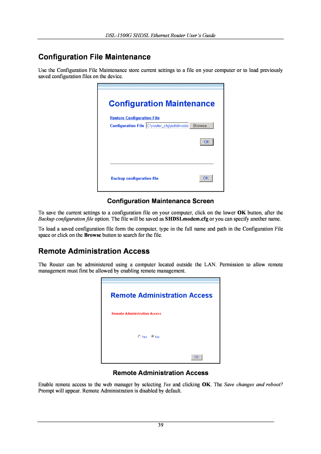 D-Link DSL-1500G manual Configuration File Maintenance, Remote Administration Access, Configuration Maintenance Screen 