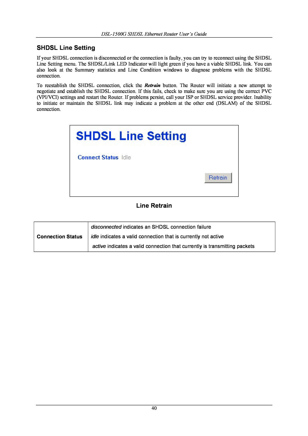 D-Link manual SHDSL Line Setting, Line Retrain, DSL-1500G SHDSL Ethernet Router User’s Guide, Connection Status 