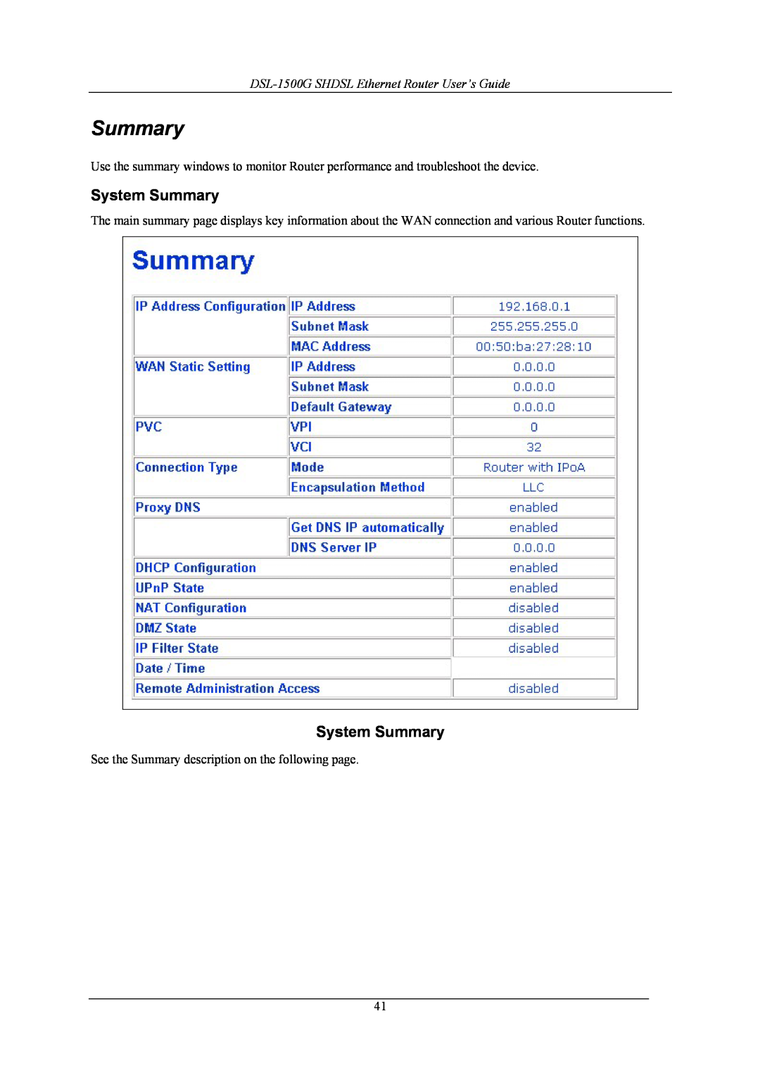 D-Link manual System Summary, DSL-1500G SHDSL Ethernet Router User’s Guide 