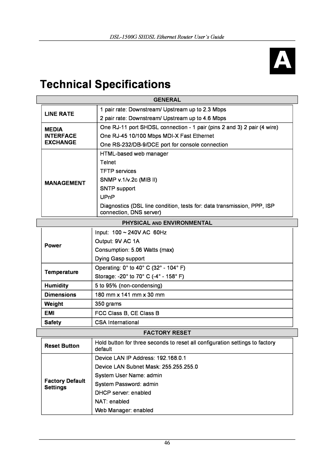 D-Link manual Technical Specifications, DSL-1500G SHDSL Ethernet Router User’s Guide 