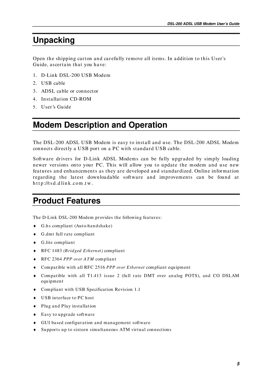 D-Link DSL-200 manual Unpacking, Modem Description and Operation, Product Features 