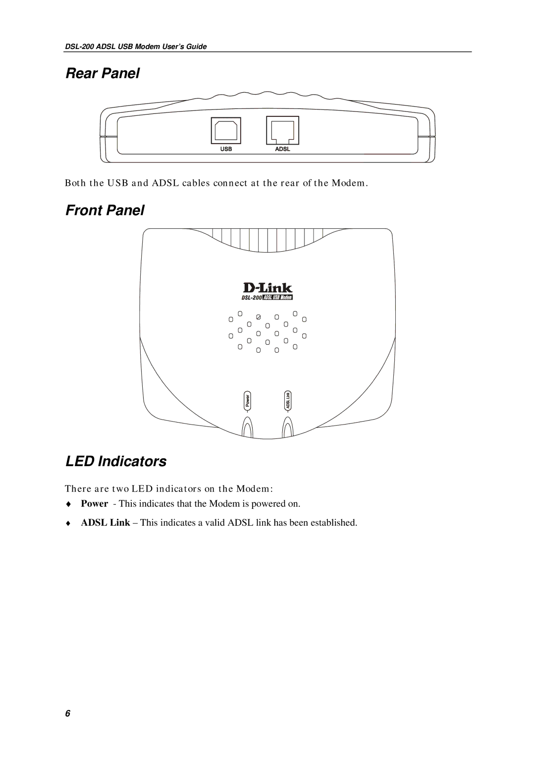 D-Link DSL-200 manual Rear Panel, Front Panel LED Indicators 