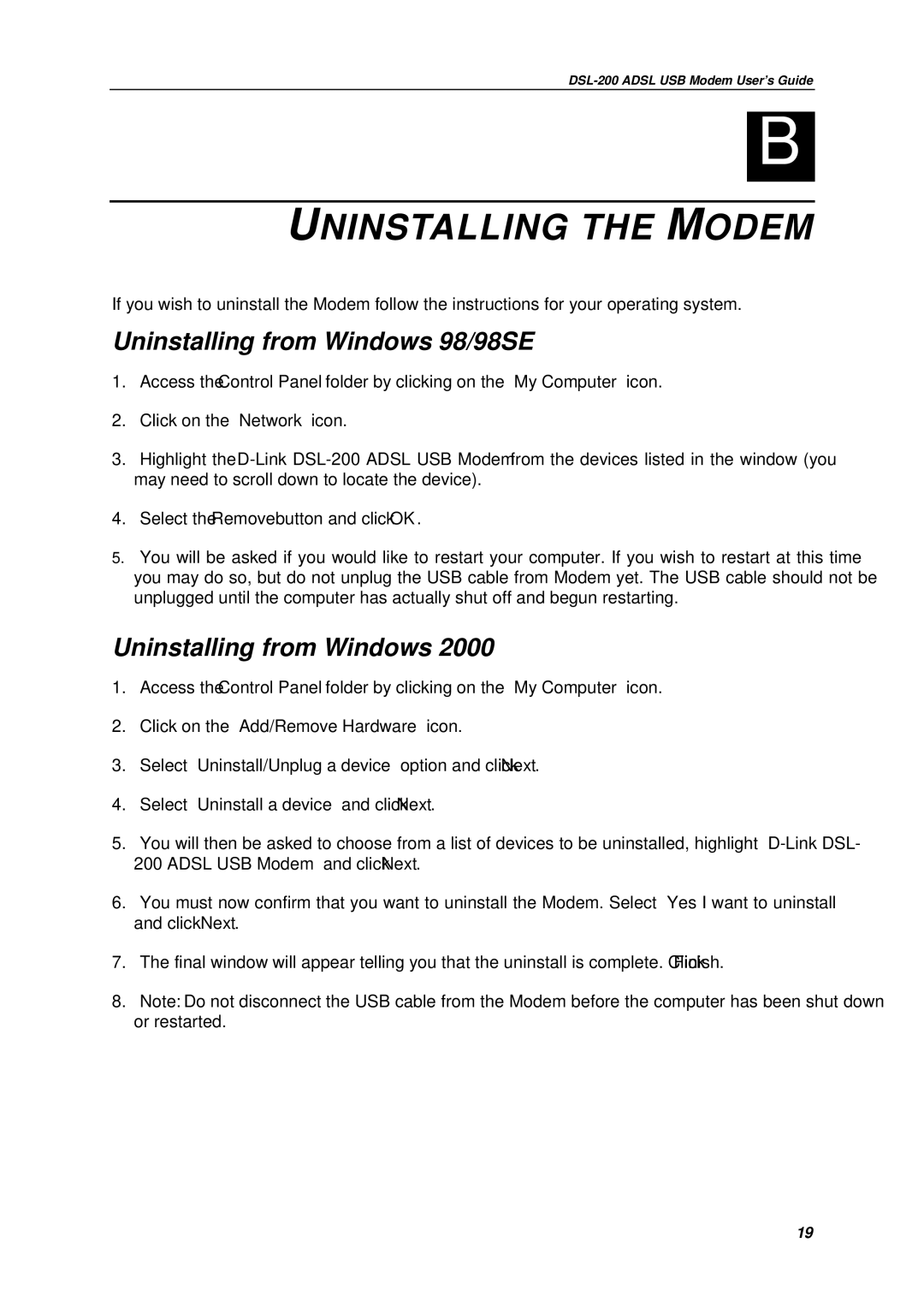 D-Link DSL-200 manual Uninstalling the Modem, Uninstalling from Windows 98/98SE 