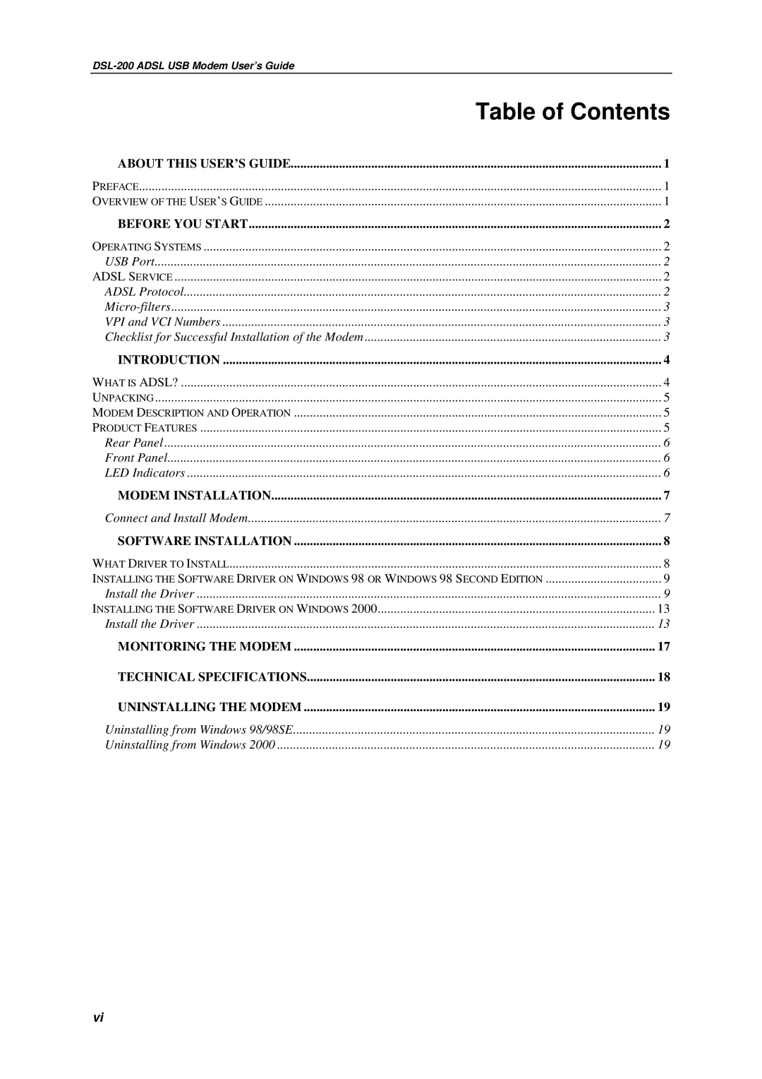 D-Link DSL-200 manual Table of Contents 