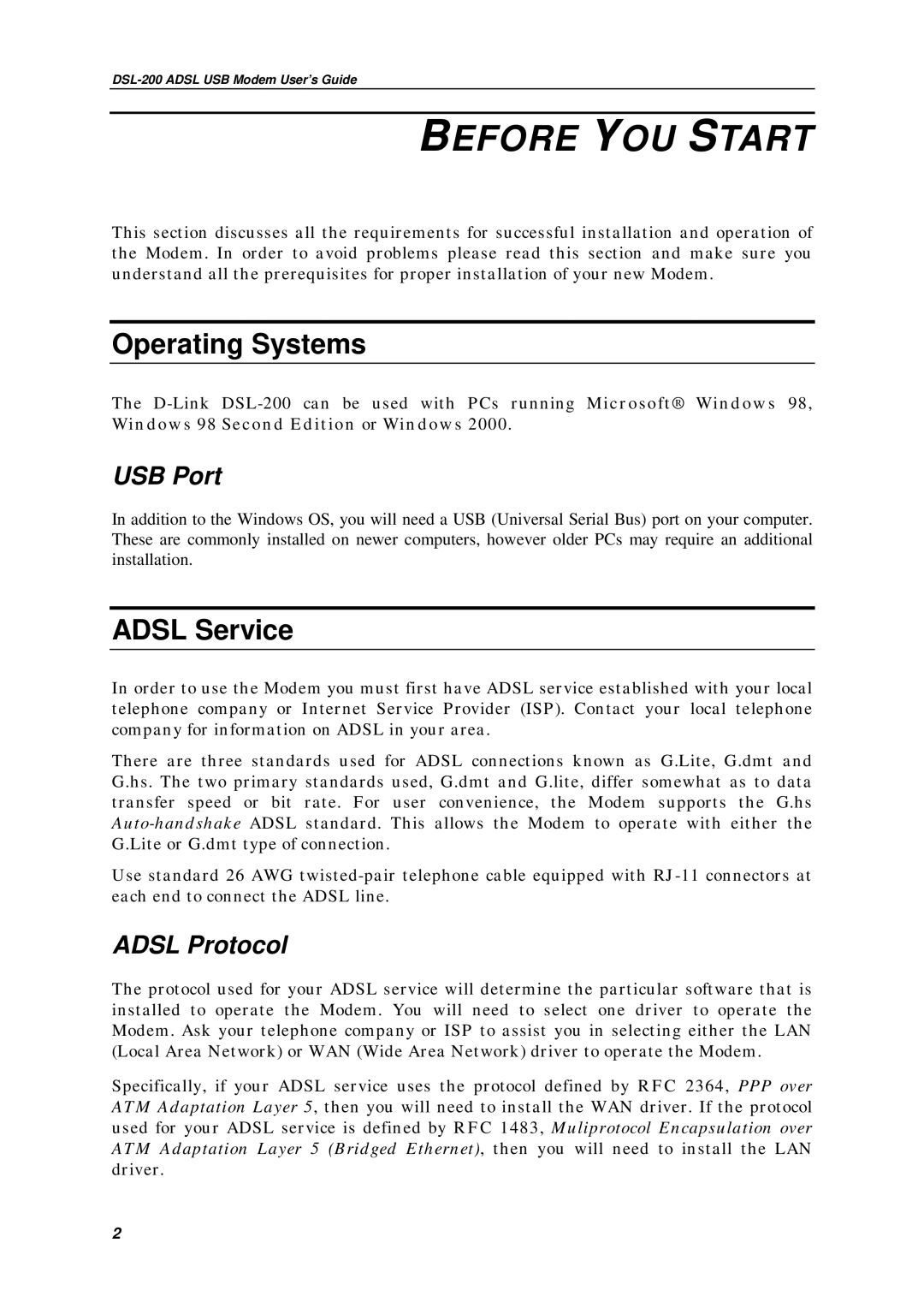 D-Link DSL-200 manual Before YOU Start, Operating Systems, Adsl Service, USB Port, Adsl Protocol 