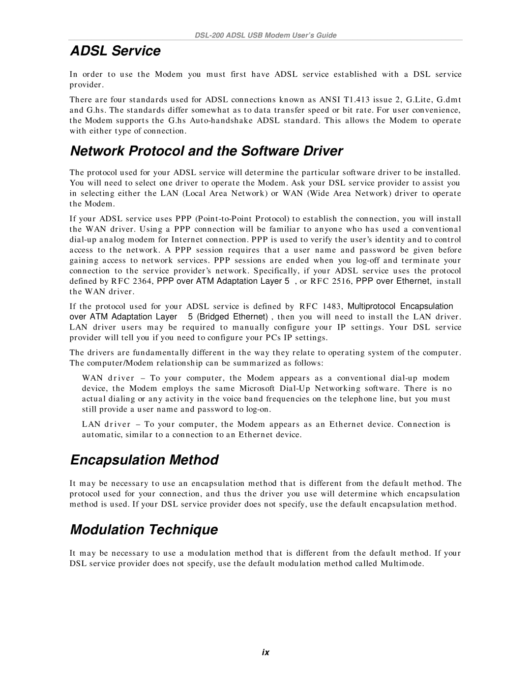 D-Link DSL-200 manual Adsl Service, Network Protocol and the Software Driver, Encapsulation Method, Modulation Technique 