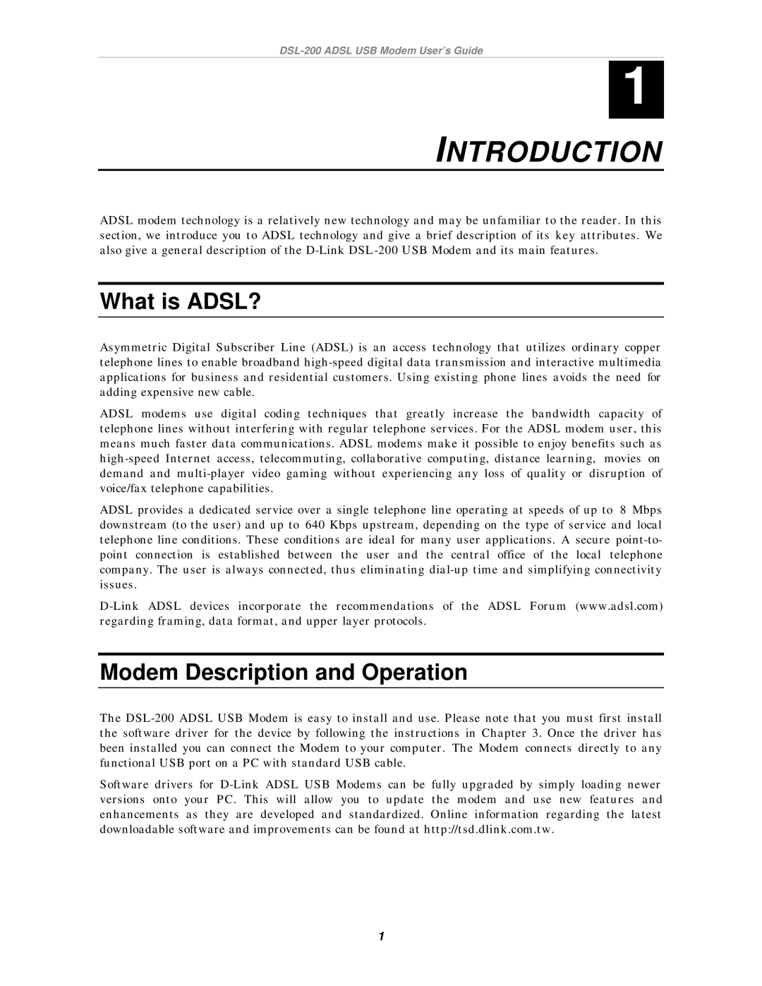 D-Link DSL-200 manual Introduction, What is ADSL?, Modem Description and Operation 