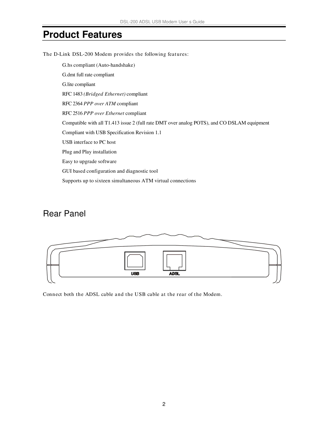 D-Link DSL-200 manual Product Features, Rear Panel 