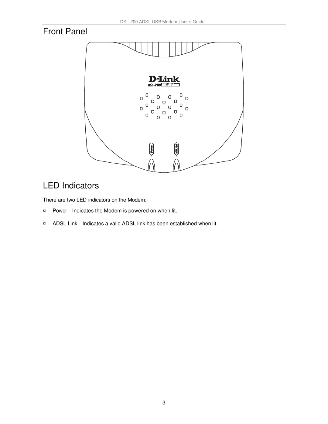 D-Link DSL-200 manual Front Panel LED Indicators 