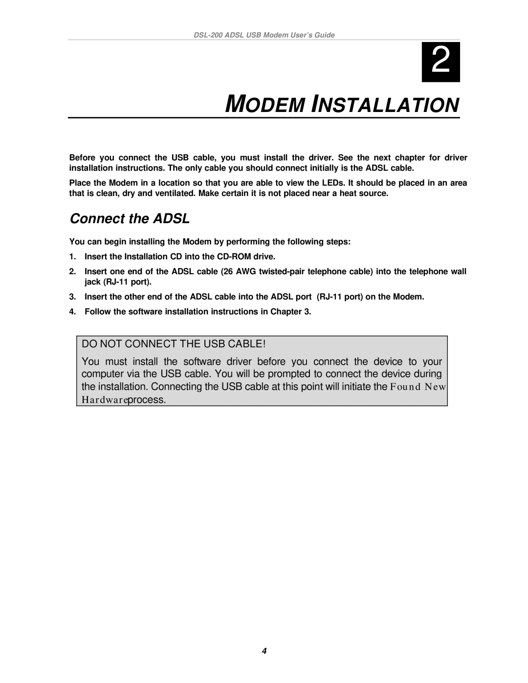 D-Link DSL-200 manual Modem Installation, Connect the Adsl 