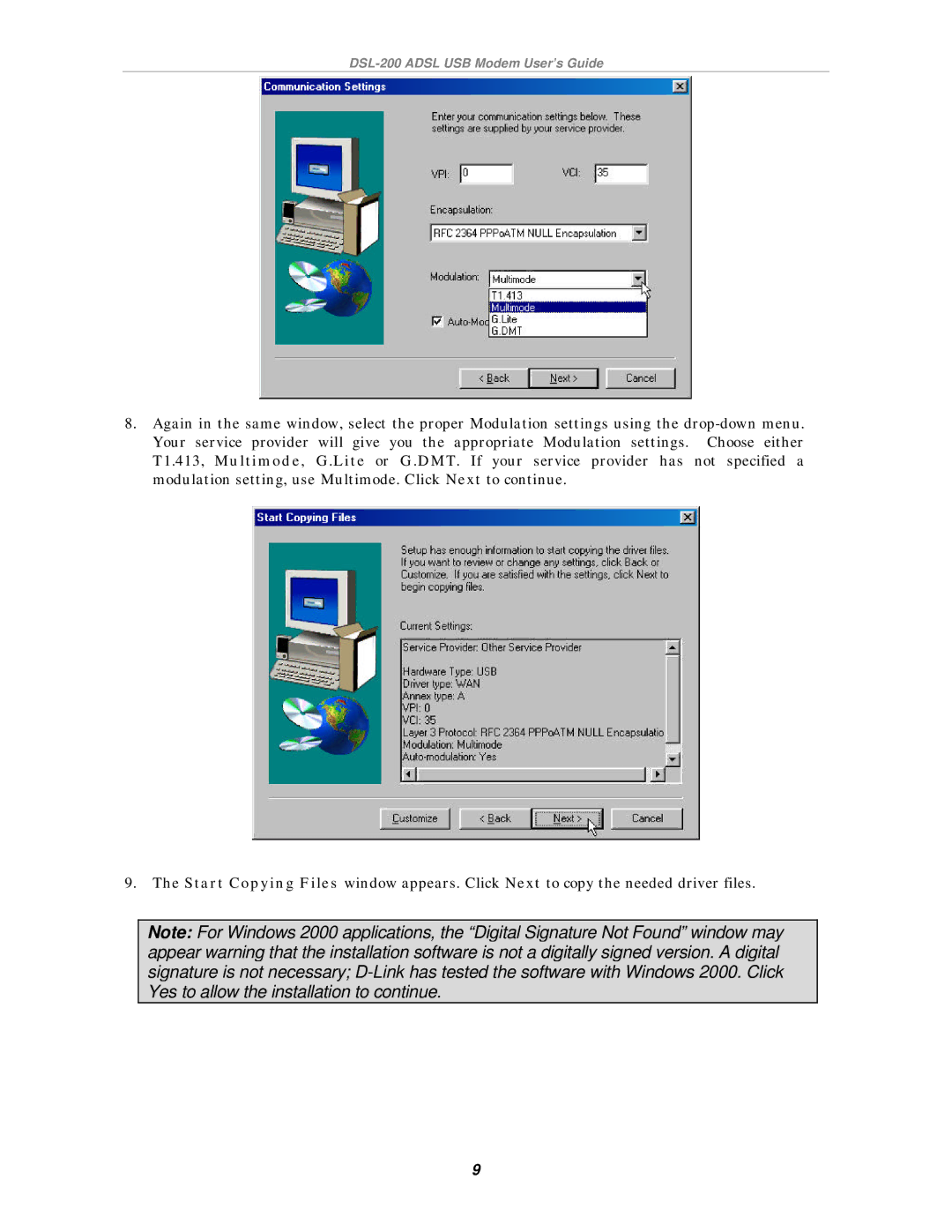 D-Link manual DSL-200 Adsl USB Modem User’s Guide 