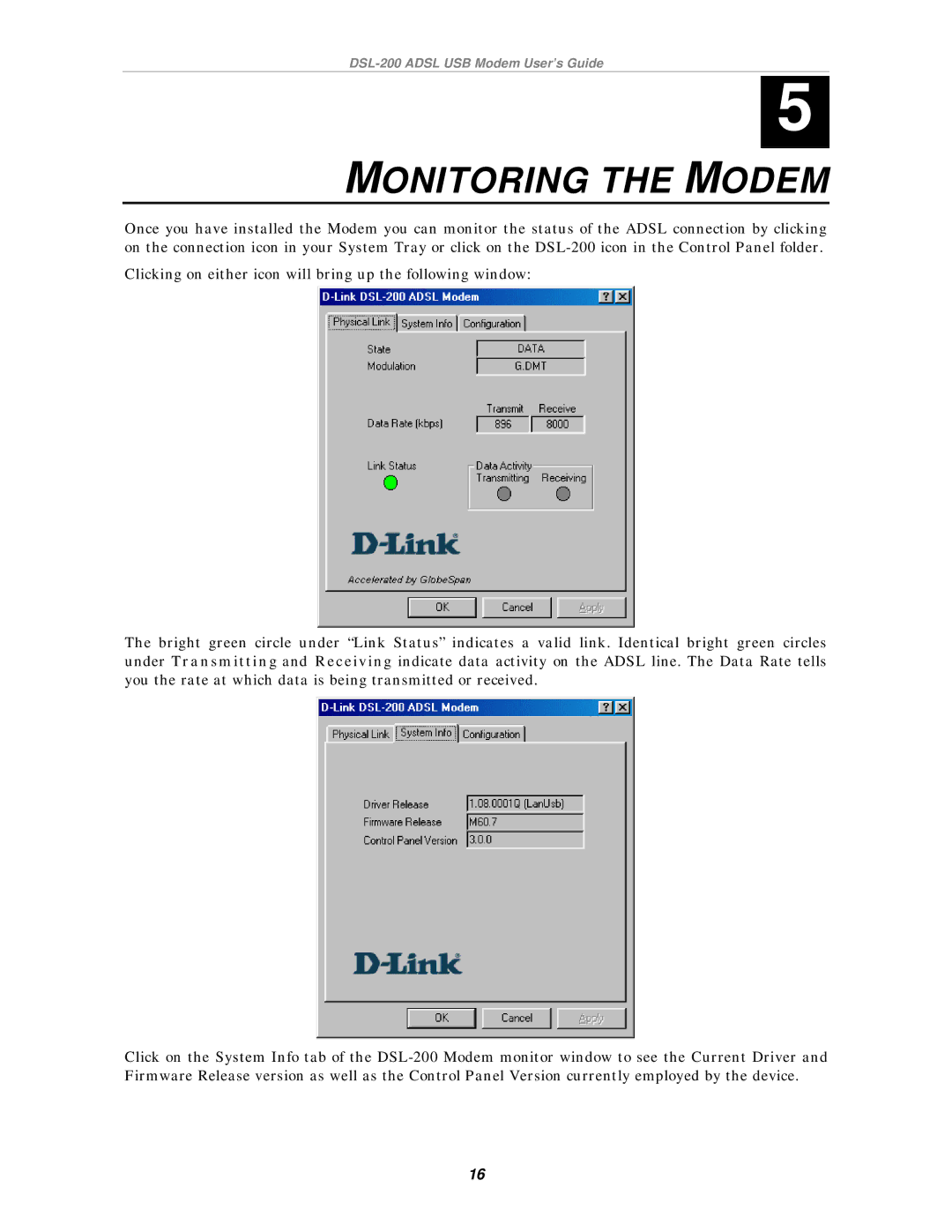 D-Link DSL-200 manual Monitoring the Modem 