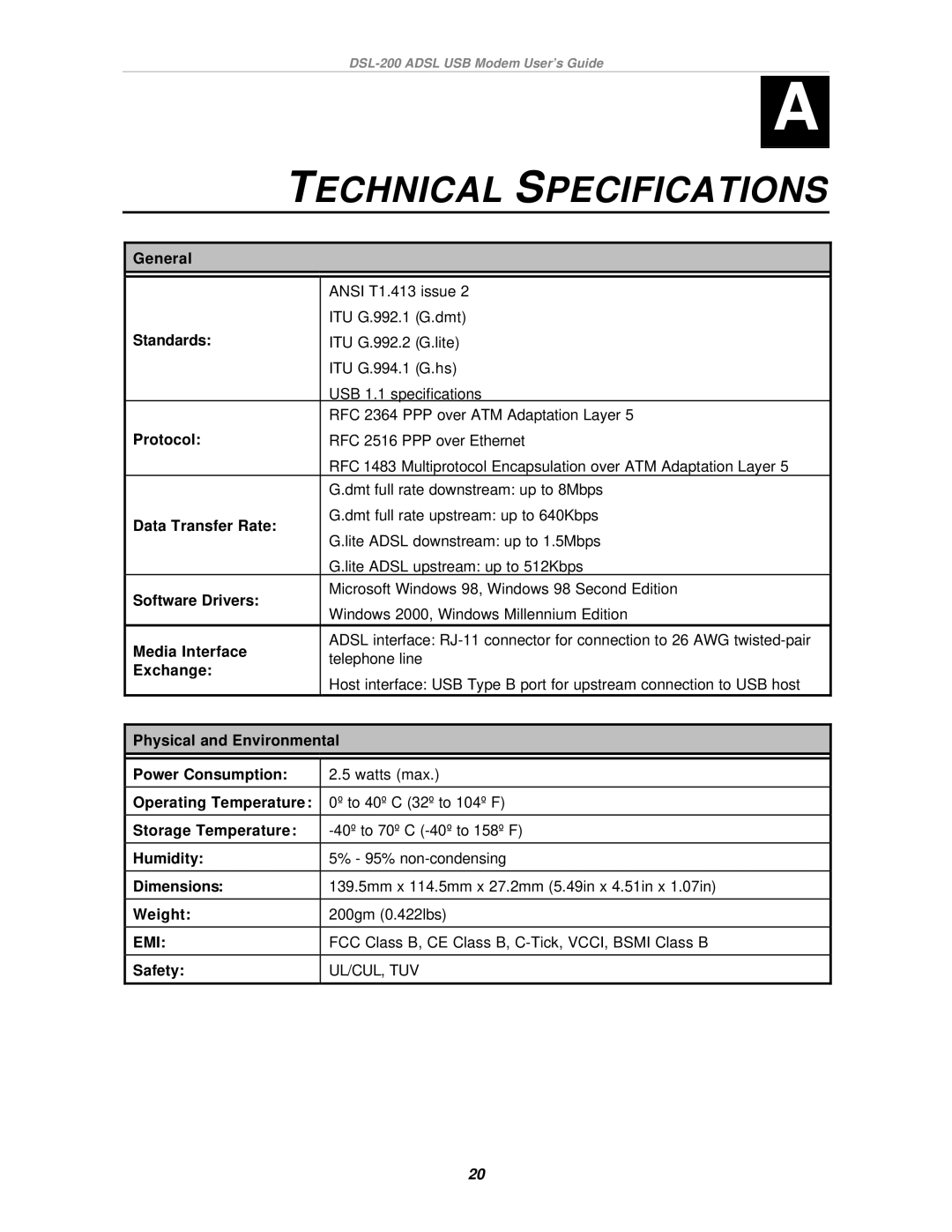 D-Link DSL-200 manual Technical Specifications, Standards 