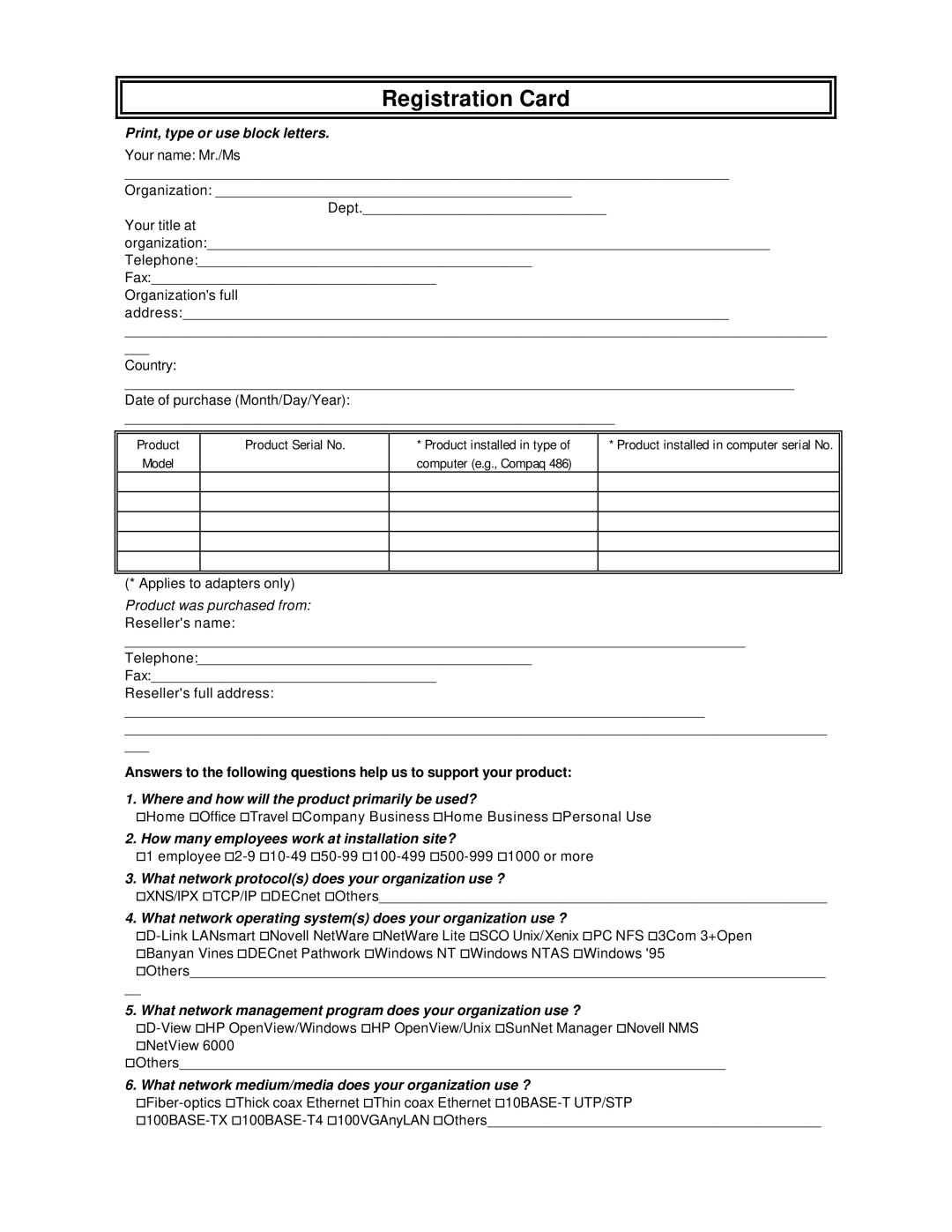 D-Link DSL-200 manual Registration Card 