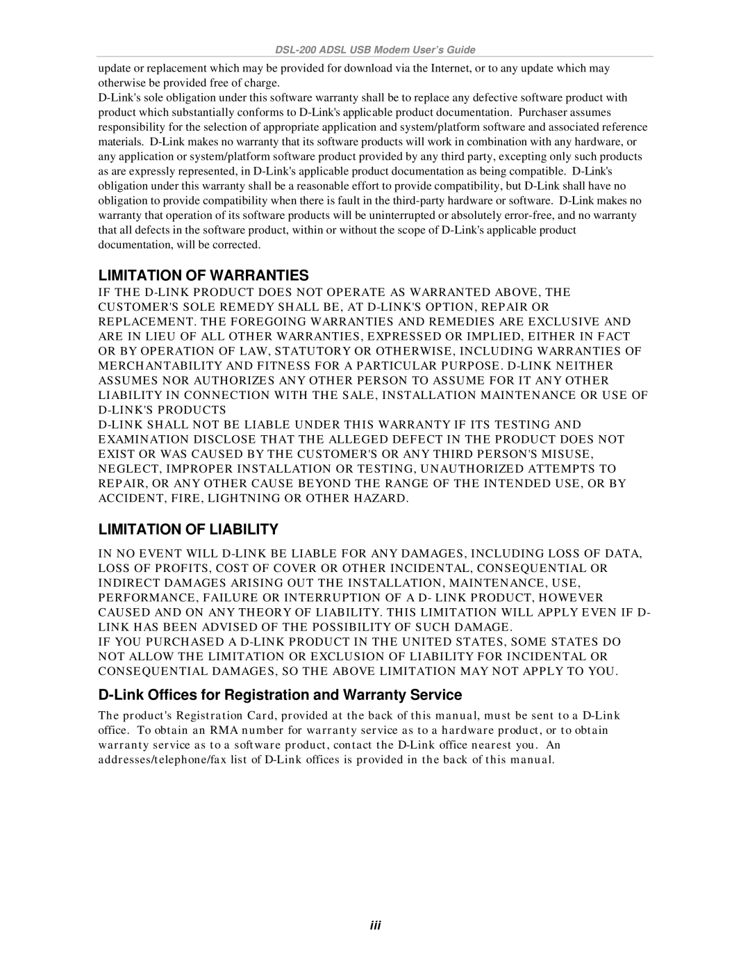 D-Link DSL-200 manual Limitation of Warranties 