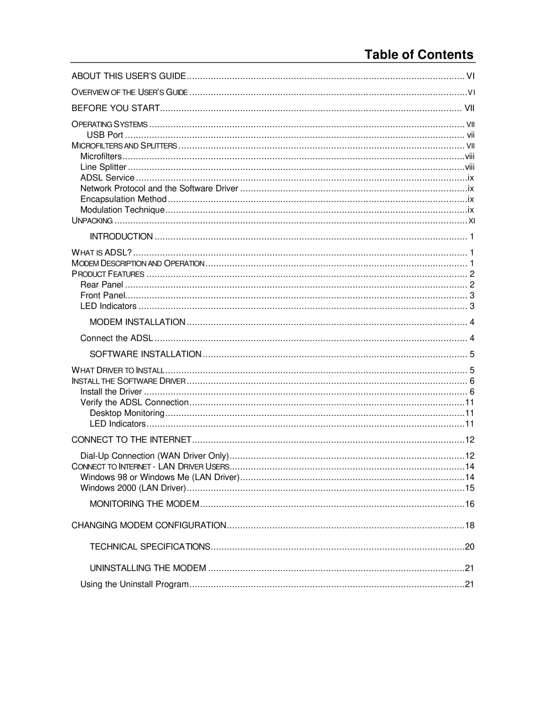 D-Link DSL-200 manual Table of Contents 