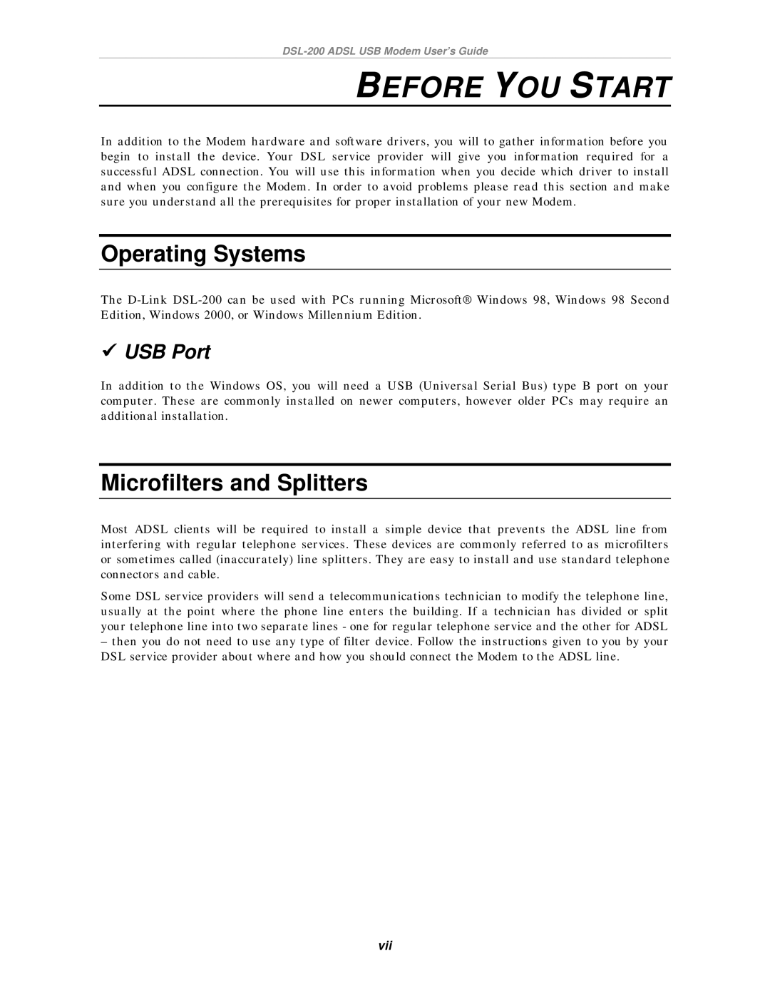 D-Link DSL-200 manual Before YOU Start, Operating Systems, Microfilters and Splitters, USB Port 