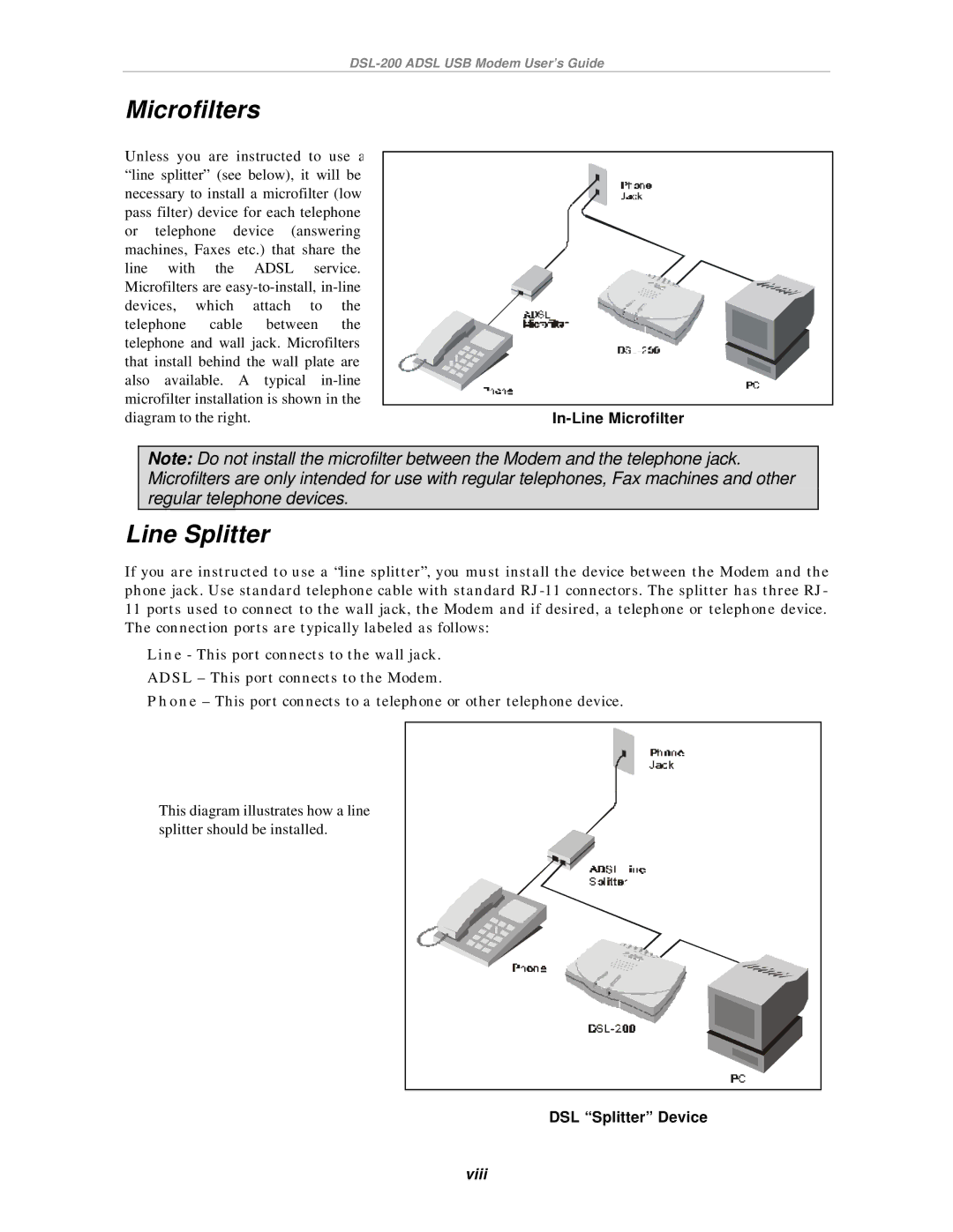 D-Link DSL-200 manual Microfilters, Line Splitter 