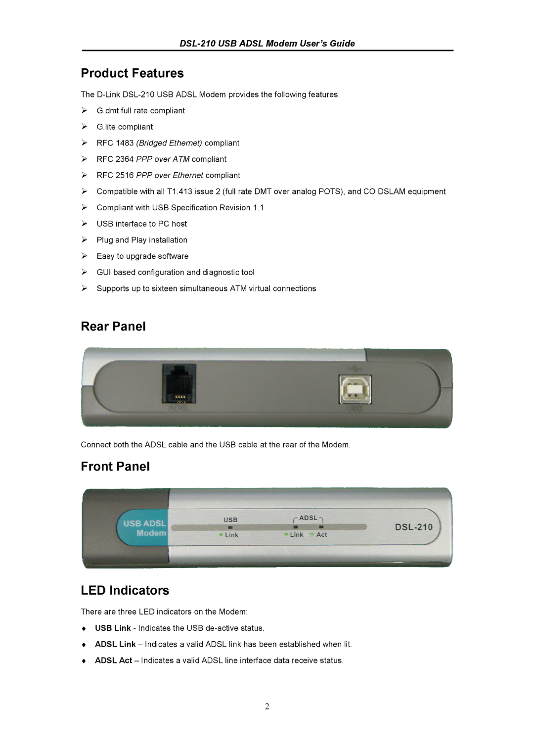 D-Link DSL-210 manual Product Features, Rear Panel, Front Panel LED Indicators 