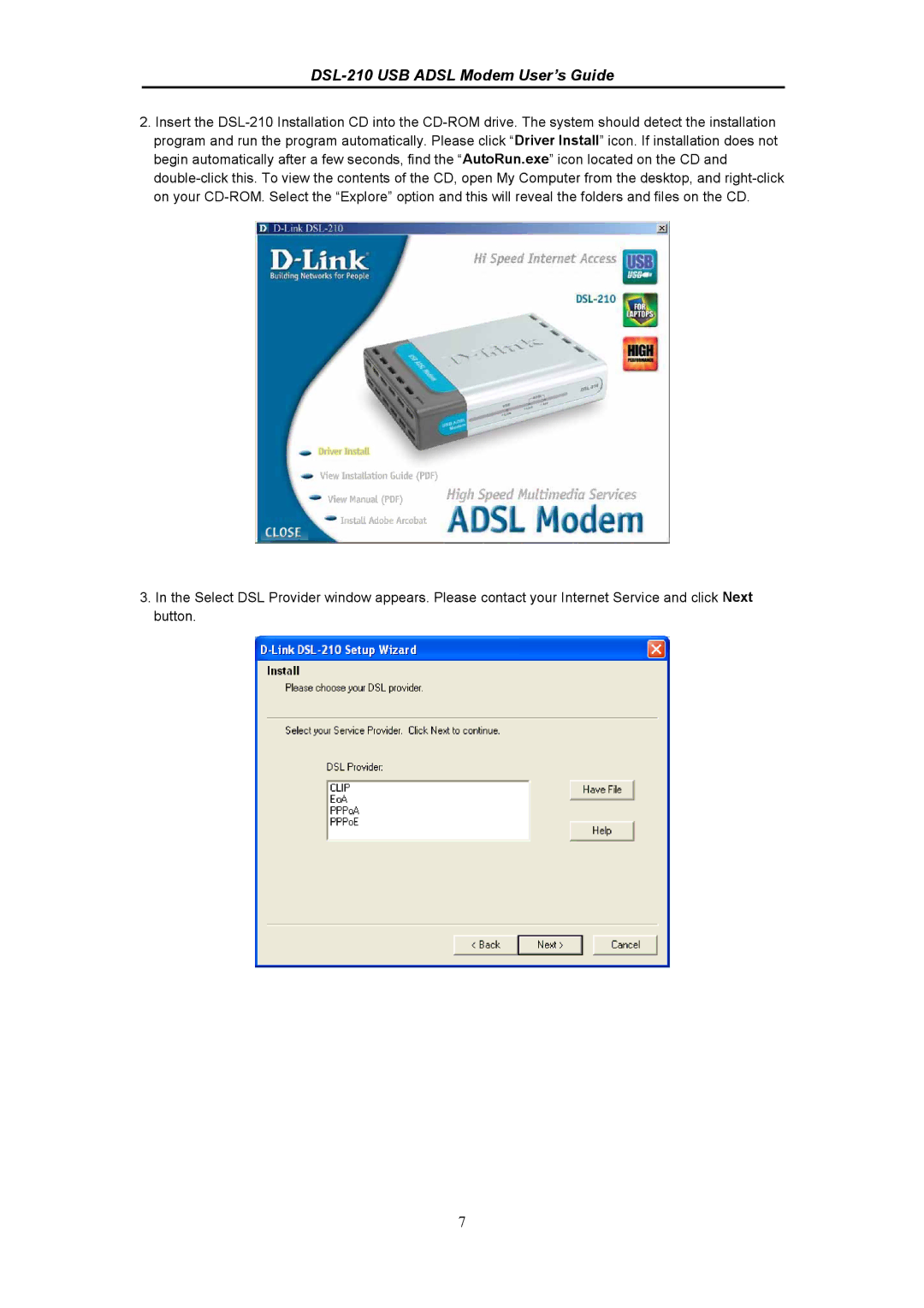 D-Link manual DSL-210 USB Adsl Modem User’s Guide 