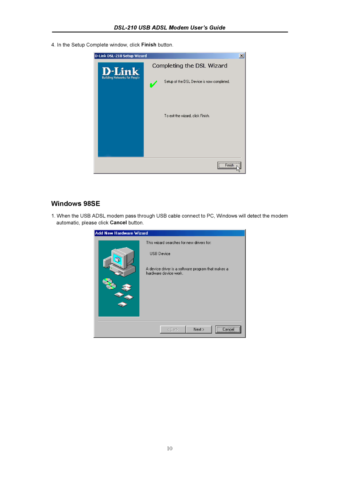 D-Link DSL-210 manual Windows 98SE 