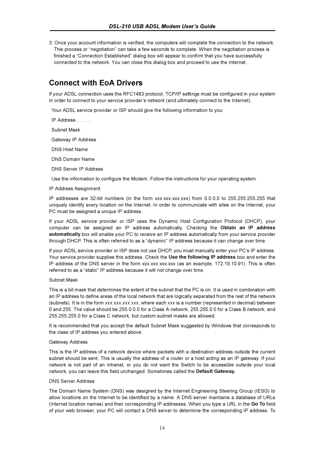 D-Link DSL-210 manual Connect with EoA Drivers, DNS Server Address 