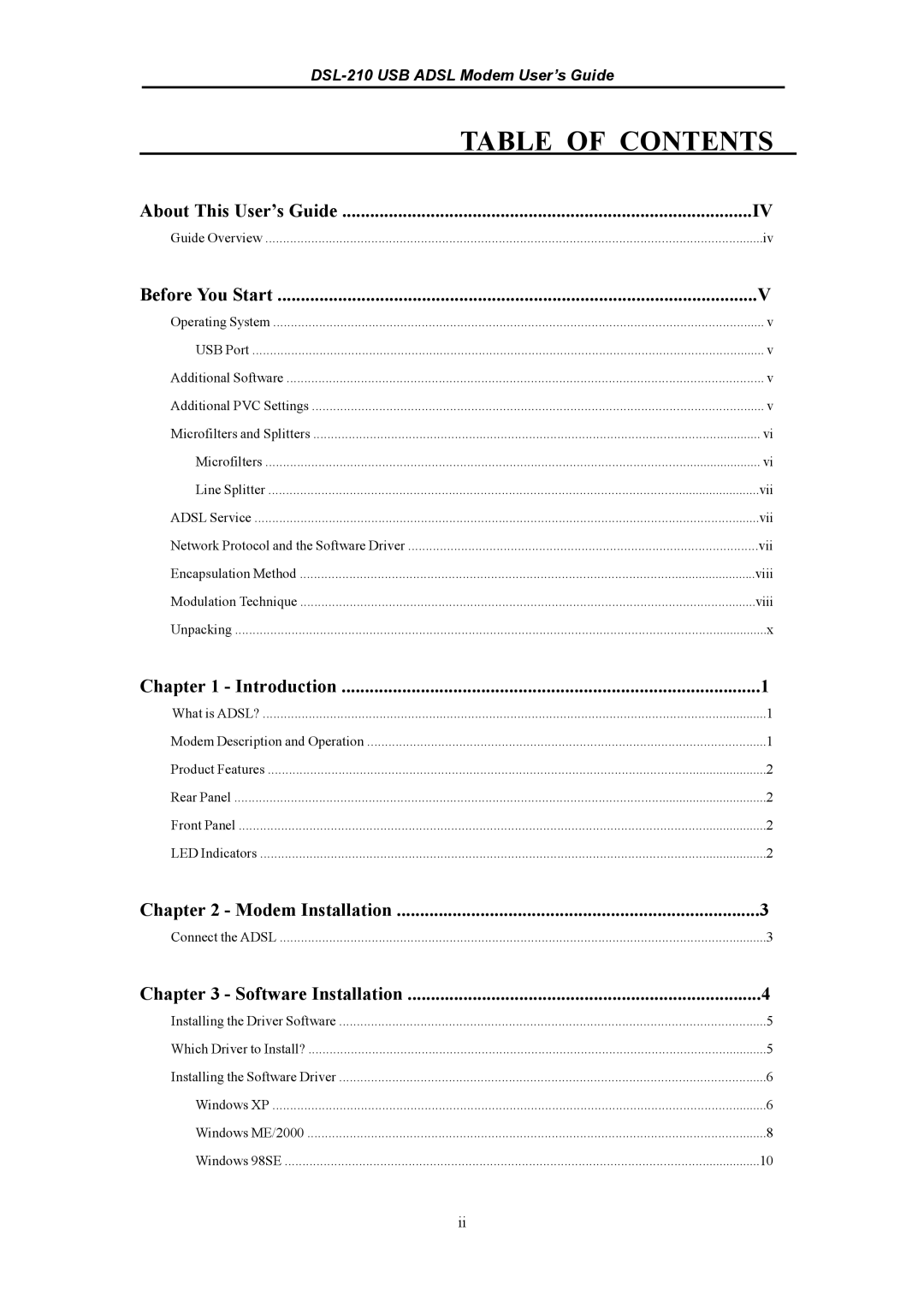 D-Link DSL-210 manual Table of Contents 