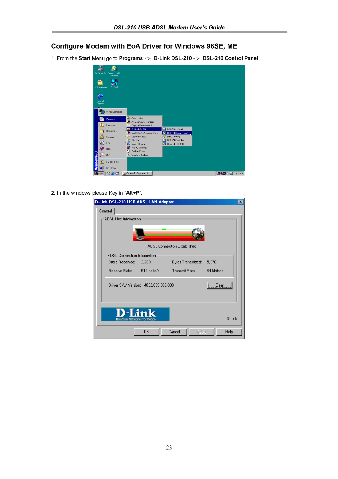 D-Link DSL-210 manual Configure Modem with EoA Driver for Windows 98SE, ME 