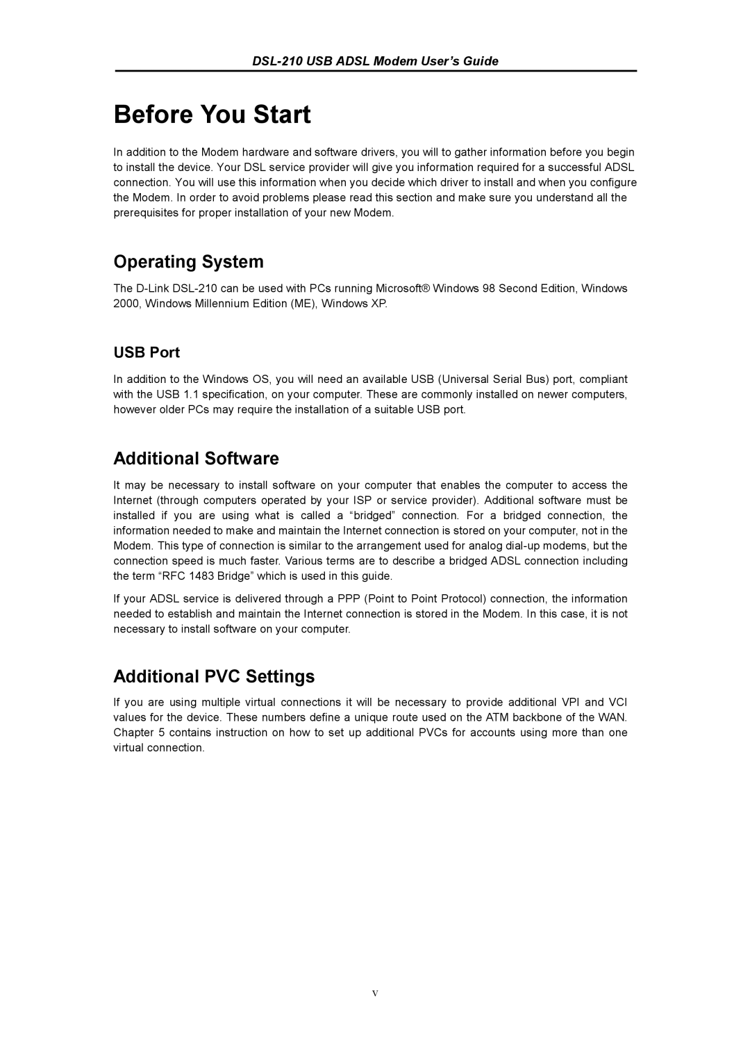 D-Link DSL-210 manual Before You Start, Operating System, Additional Software, Additional PVC Settings, USB Port 