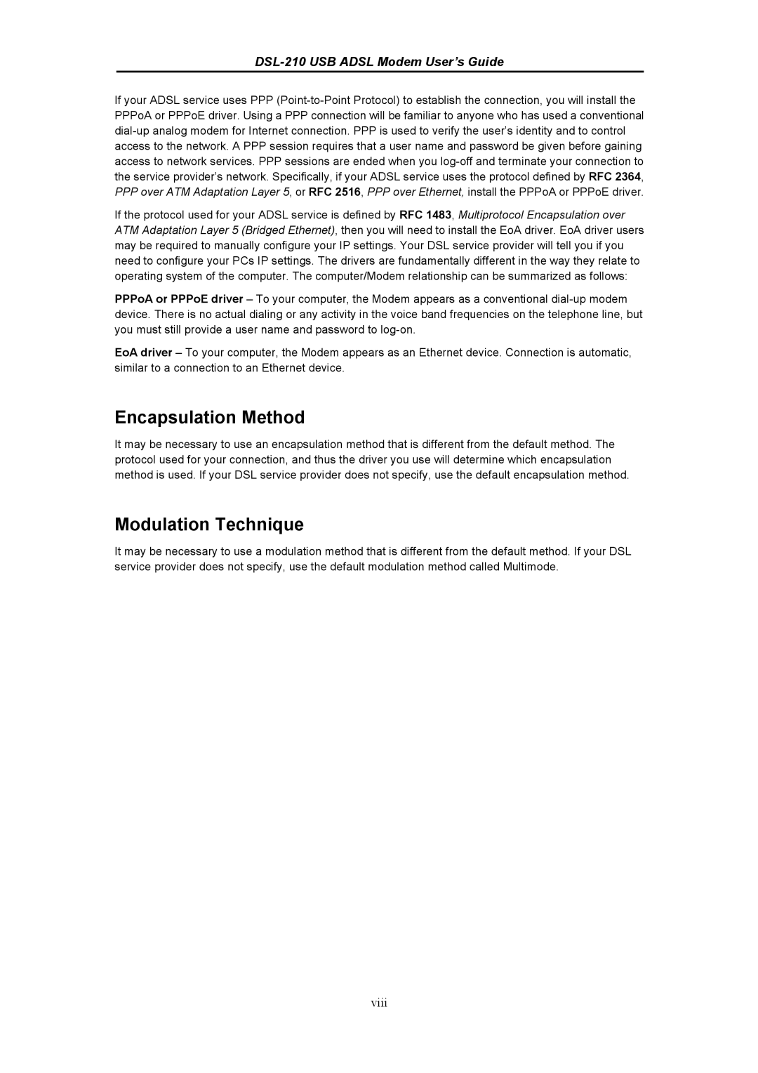 D-Link DSL-210 manual Encapsulation Method, Modulation Technique 