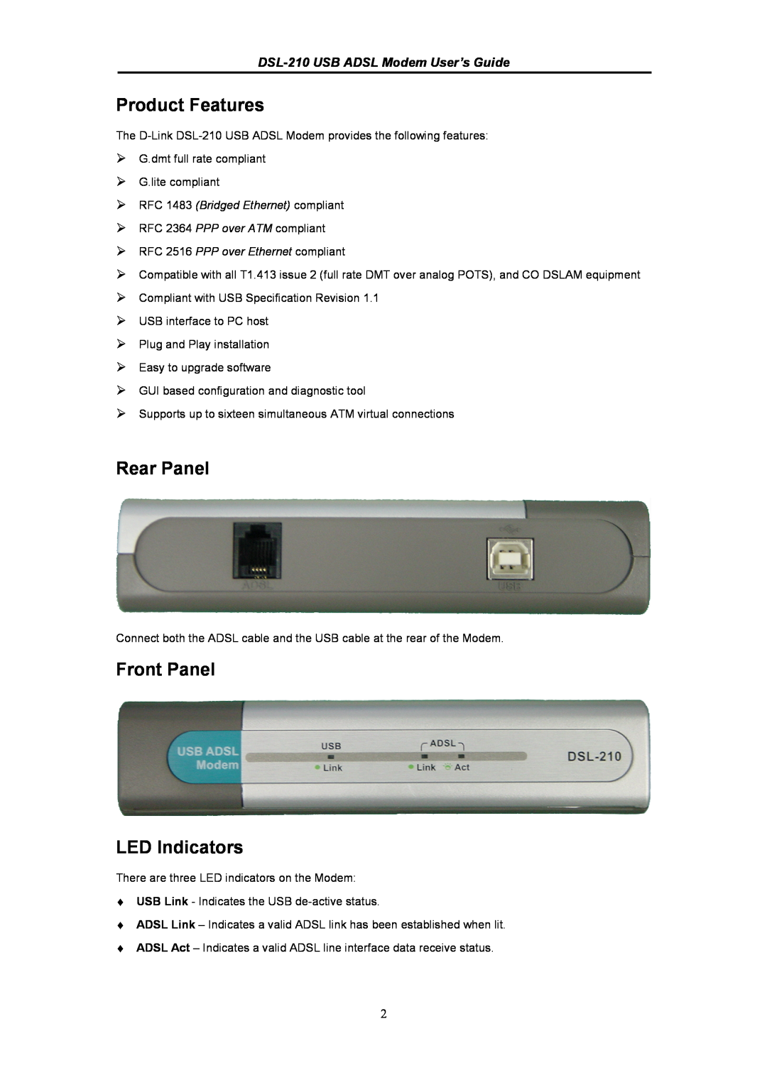 D-Link manual Product Features, Rear Panel, Front Panel LED Indicators, DSL-210 USB ADSL Modem User’s Guide 