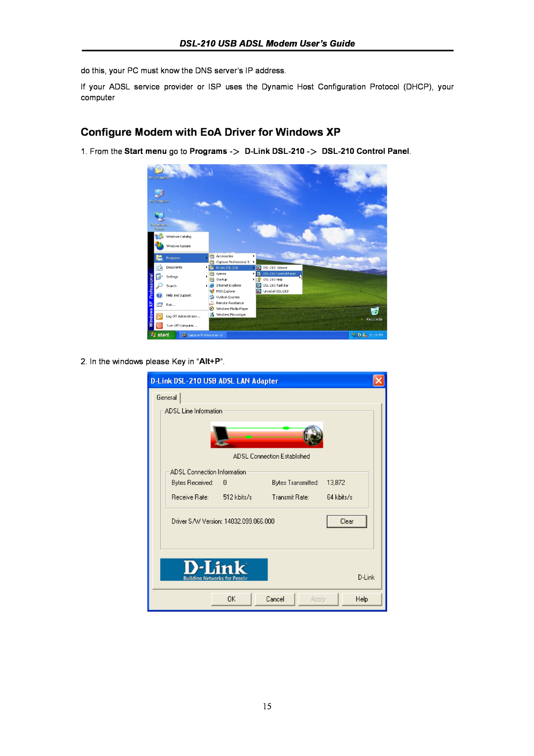 D-Link manual Configure Modem with EoA Driver for Windows XP, DSL-210 USB ADSL Modem User’s Guide 