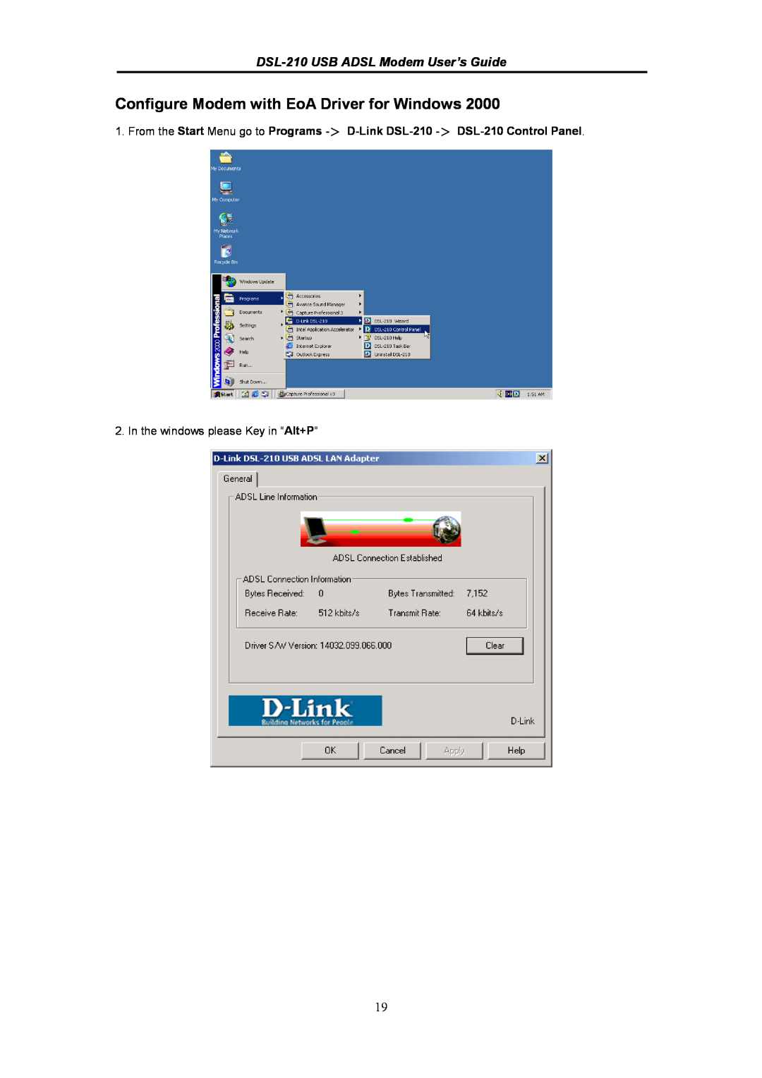 D-Link manual Configure Modem with EoA Driver for Windows, DSL-210 USB ADSL Modem User’s Guide 