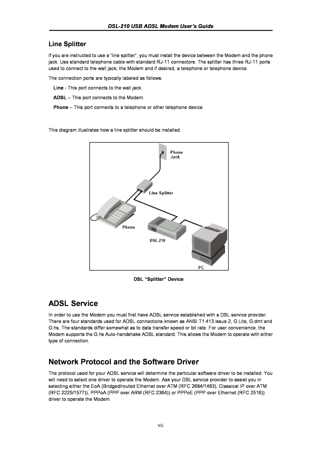 D-Link manual ADSL Service, Network Protocol and the Software Driver, Line Splitter, DSL-210 USB ADSL Modem User’s Guide 