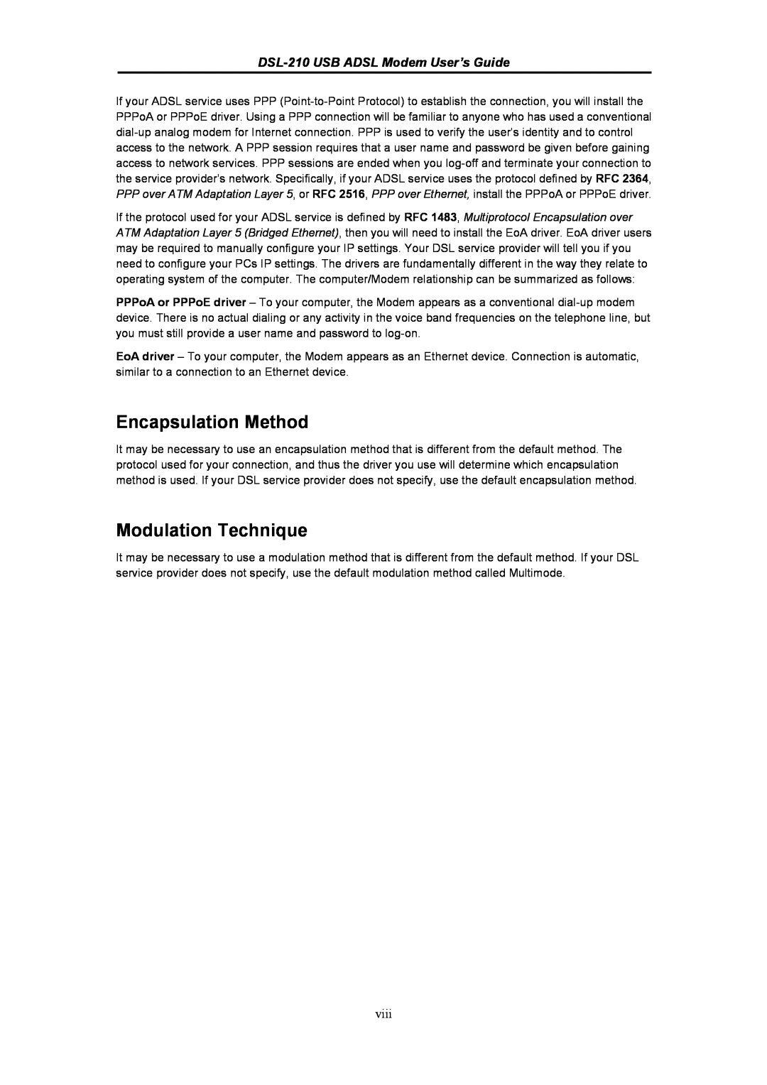 D-Link manual Encapsulation Method, Modulation Technique, DSL-210 USB ADSL Modem User’s Guide, viii 