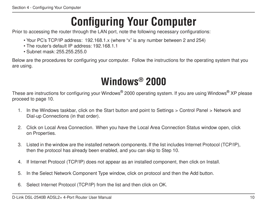 D-Link DSL-2540B manual Configuring Your Computer, Windows 