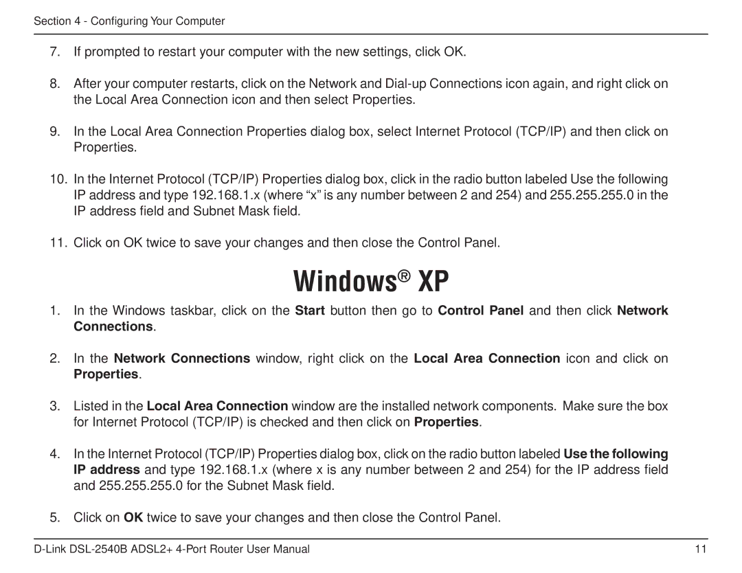 D-Link DSL-2540B manual Windows XP 