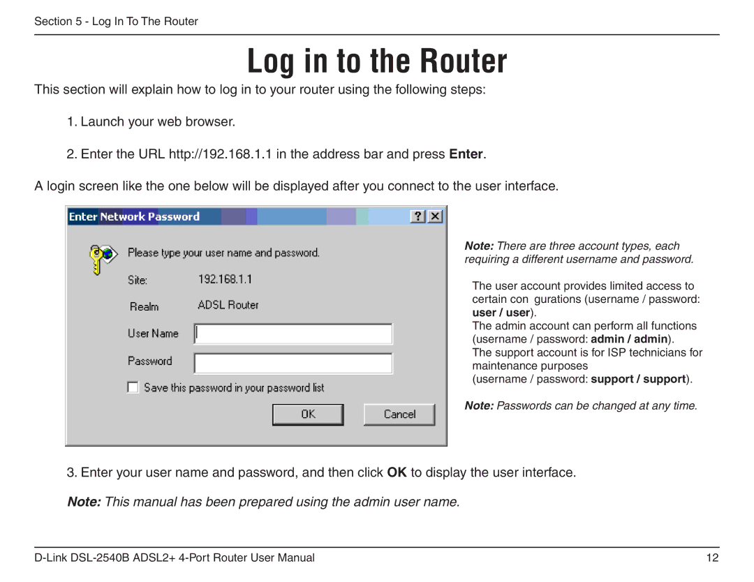 D-Link DSL-2540B manual Log in to the Router 