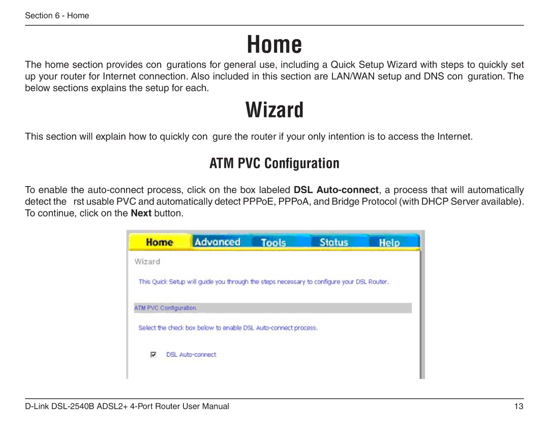 D-Link DSL-2540B manual Home, Wizard 