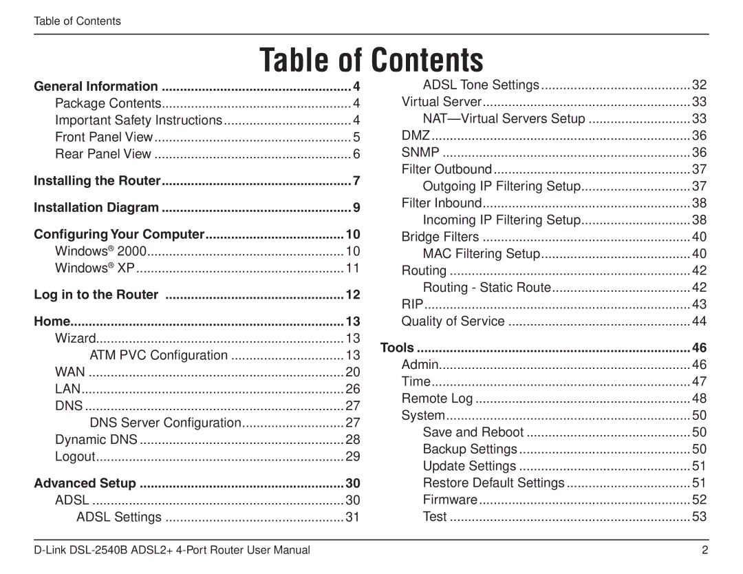 D-Link DSL-2540B manual Table of Contents 