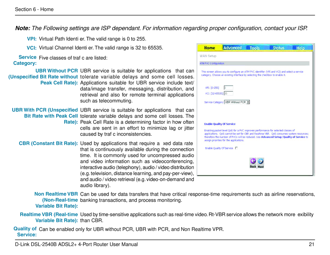 D-Link DSL-2540B manual Category UBR Without PCR 