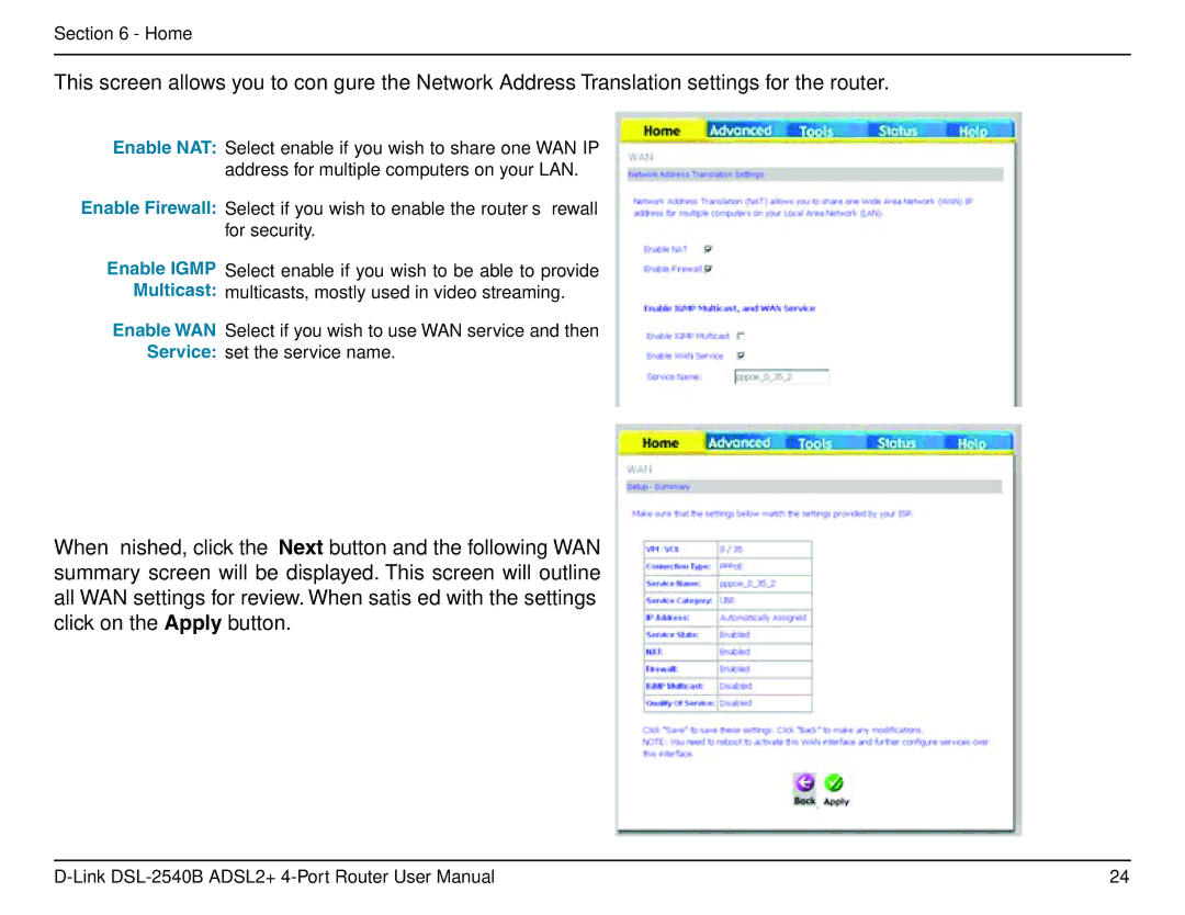 D-Link DSL-2540B manual Enable NAT Enable Firewall Enable Igmp Multicast 