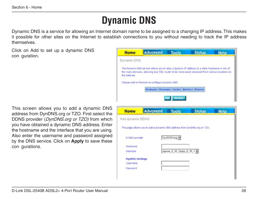 D-Link DSL-2540B manual Dynamic DNS 